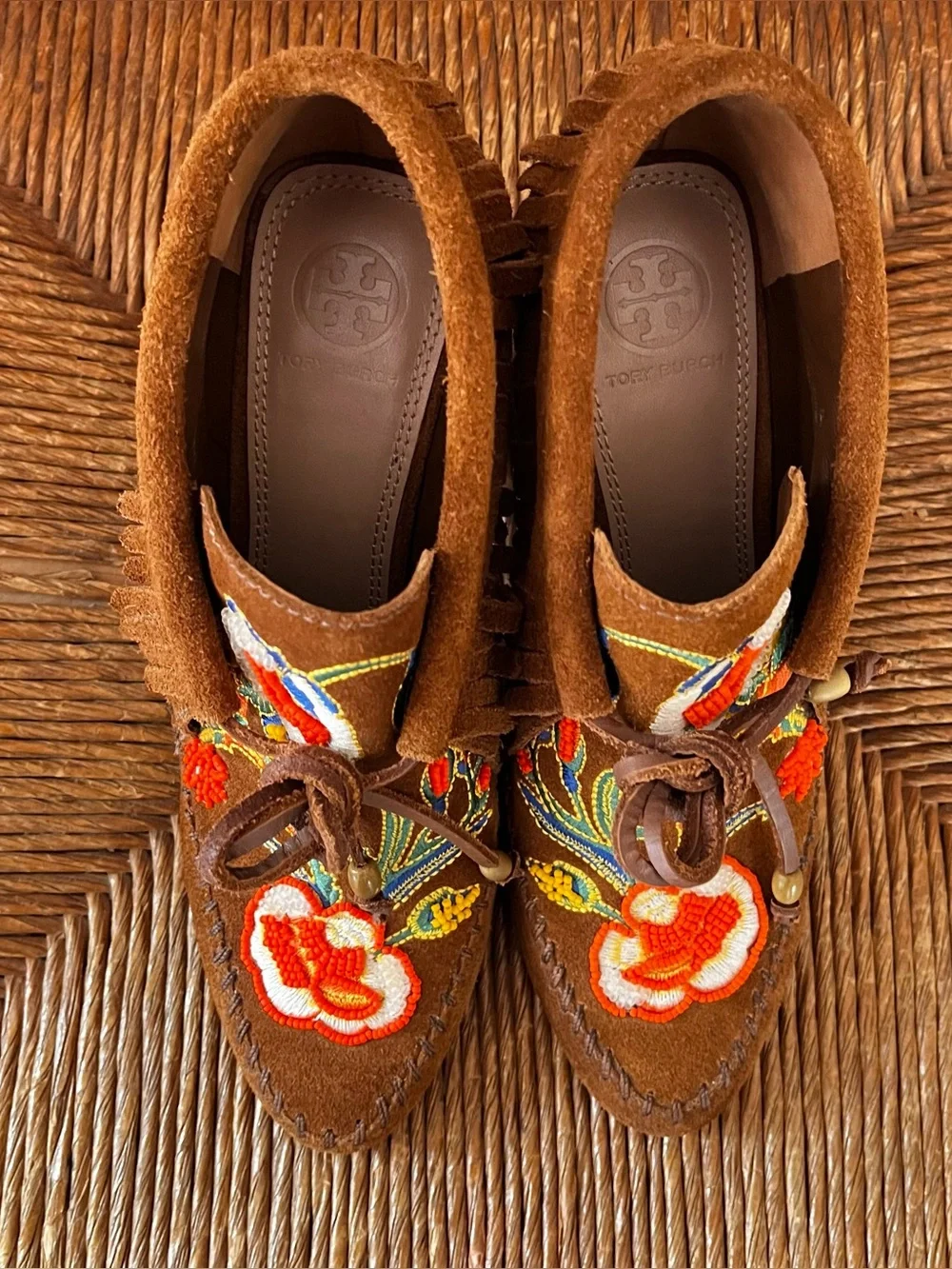 Tory Burch Huntington Suede Beaded Fringe Moccasin Booties